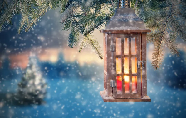 Картинка снег, украшения, елка, Новый Год, Рождество, фонарь, Christmas, snow