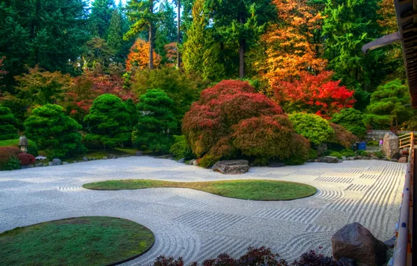 Картинка осень, деревья, парк, газон, дорожки, США, кусты, Oregon