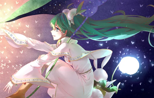 Ночь, сияние, vocaloid, полнолуние, Hatsune Miku, белое платье, зеленые волосы, вокалоид