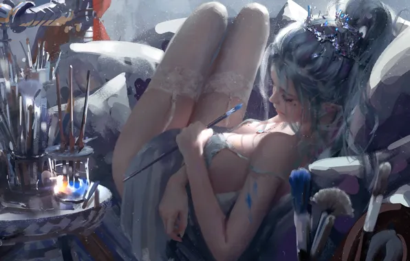 Картинка colors, girl, fantasy, legs, stockings, elf, digital art, artwork