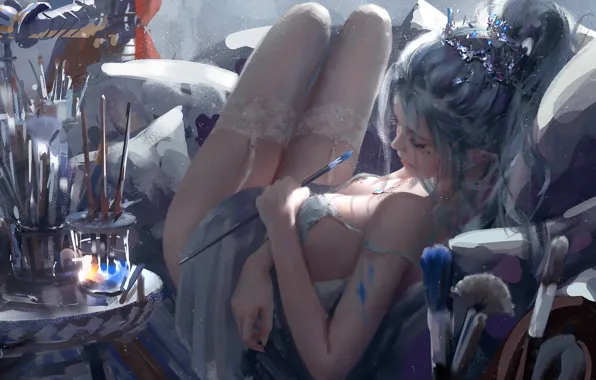 Colors, girl, fantasy, legs, stockings, elf, digital art, artwork