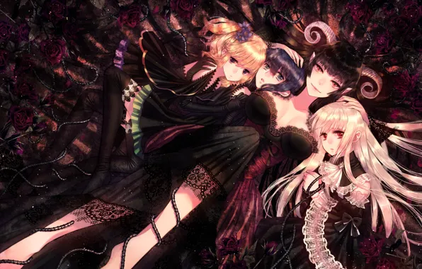 Девушки, розы, шипы, рога, anime, art