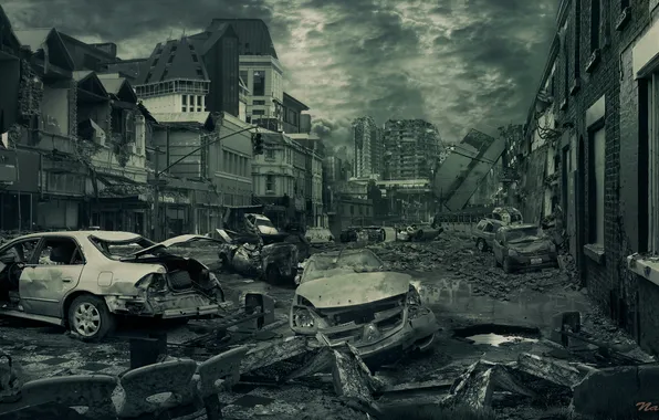 Картинка машины, тучи, город, апокалипсис, разрушение, развалины