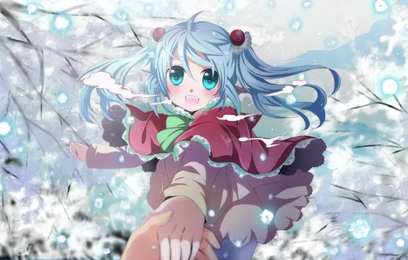 Холод, зима, девушка, снег, ветви, рука, арт, Hatsune Miku