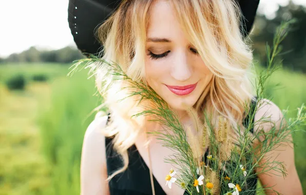 Девушка, улыбка, шляпа, блондинка