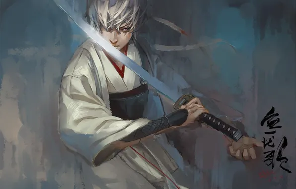 Картинка меч, самурай, гинтама, гин-сан, серебрянные волосы