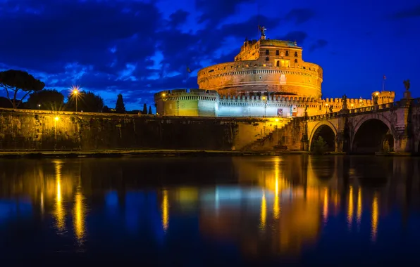 Картинка ночь, огни, Рим, Италия, замок Святого Ангела