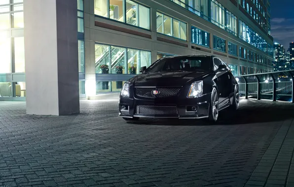 Картинка ночь, город, чёрный, Cadillac, black, CTS-V, кадилак