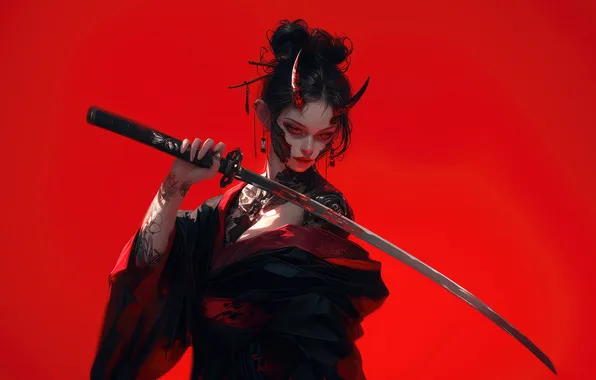 Girl, Devil, Anime, Tattoo, Katana, Demon, Horn, Red Background