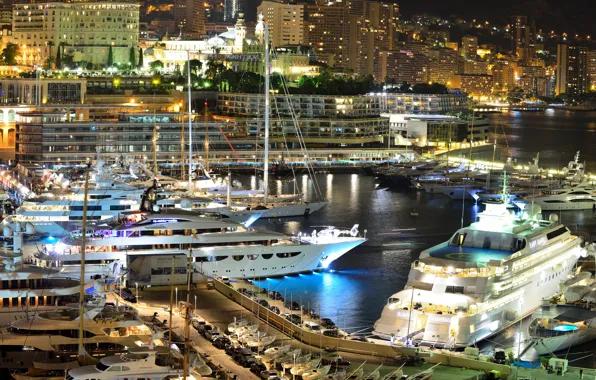 Картинка city, дома, яхты, вечер, порт, Monaco, night, Монако