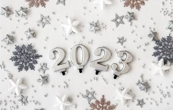Снежинки, цифры, белый фон, Новый год, дата, 2023, Новый 2023 год