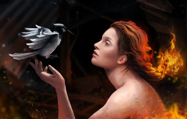 Картинка девушка, огонь, птица, арт