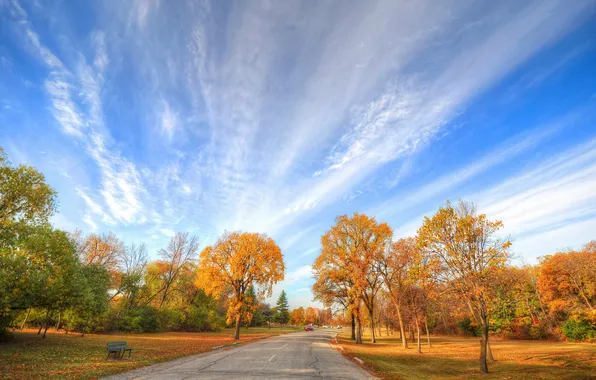 Картинка дорога, осень, небо, листья, облака, деревья