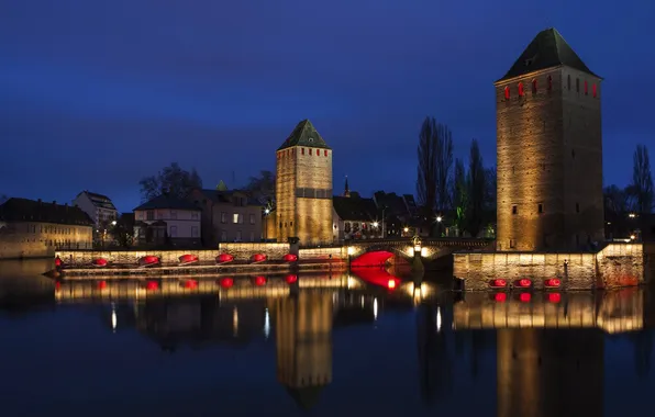 Картинка ночь, мост, огни, река, Франция, башня, дома, канал
