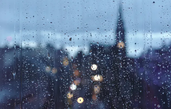 Glass, drops, cityscape, raining