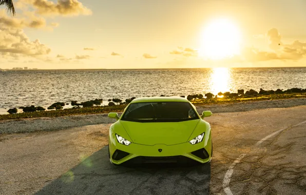 Lamborghini, Green, Sunset, Sea, VAG, Huracan