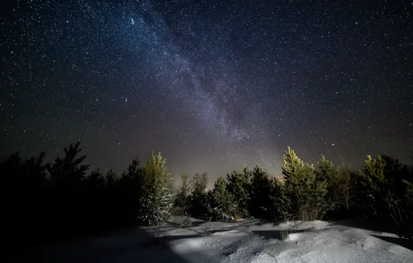 Картинка зима, снег, ночь, звёзды, млечный путь