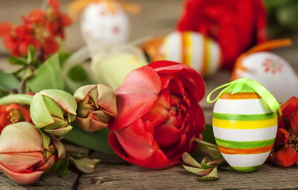 Картинка цветы, праздник, доски, яйца, Пасха, тюльпаны, Easter, крашенки