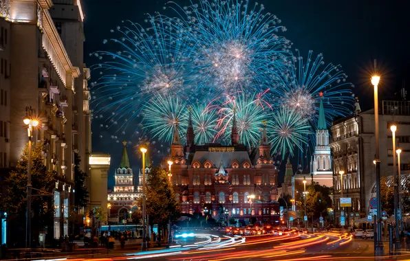 Дорога, здания, дома, фонари, Москва, башни, Россия, ночной город