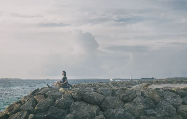 Sky, Beautiful, Asian, Model, Coast, Water, Woman, Sea