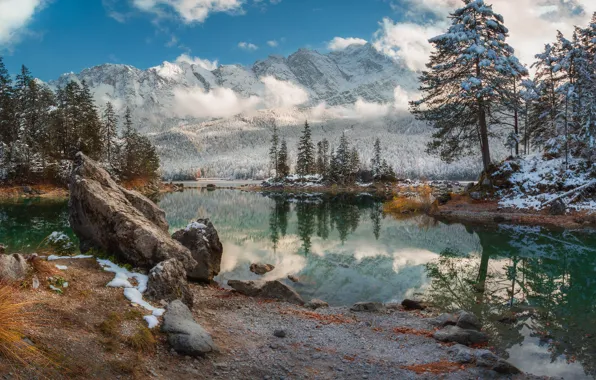 Картинка зима, облака, пейзаж, горы, природа, озеро, камни, Германия