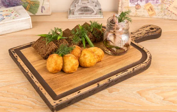 Лук, укроп, хлеб, закуска, картофель, селедка