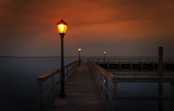 Картинка море, ночь, мост, светильники