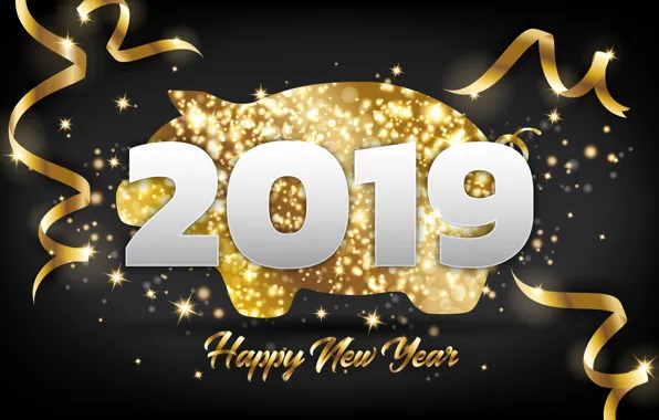 Фон, золото, Новый Год, цифры, golden, New Year, Happy, 2019