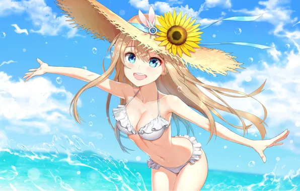 Вода, Девушка, Цветок, Подсолнух, Шляпа, Girls Frontline