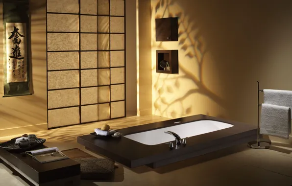 Стиль, обои, интерьер, минимализм, ванная, японский