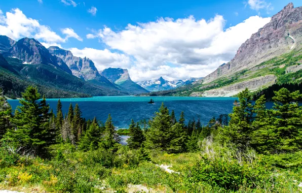 Горы, природа, озеро, ели, Glacier National Park, Saint Mary Lake