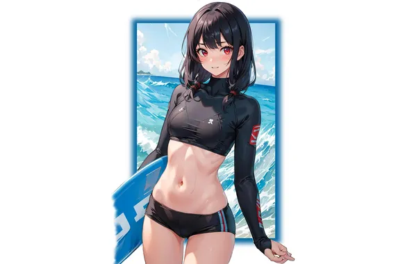 Kawaii, girl, wet, beach, ocean, anime, water, red eyes