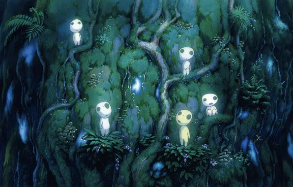 Картинка дерево, мох, дух, аниме, стрекоза, принцесса мононоке, Mononoke Hime, Kodama