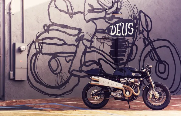 Картинка черный, модель, мотоцикл, кастом, custom, кастомайзинг, Deus Ex Machina, харлей девидсон