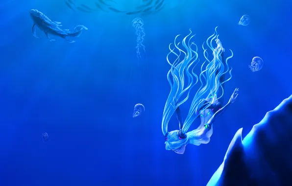 Картинка лучи, медуза, рыба, Hatsune Miku, Vocaloid, под водой, плавник
