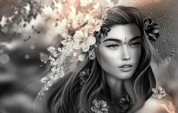 Картинка девушка, цветы, волосы, украшение
