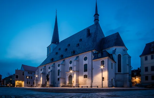 Картинка огни, вечер, Германия, площадь, Thüringen, Weimar, Stadtkirche Sankt Peter und Paul