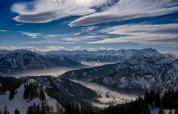 Картинка зима, небо, облака, снег, деревья, горы, природа, долина