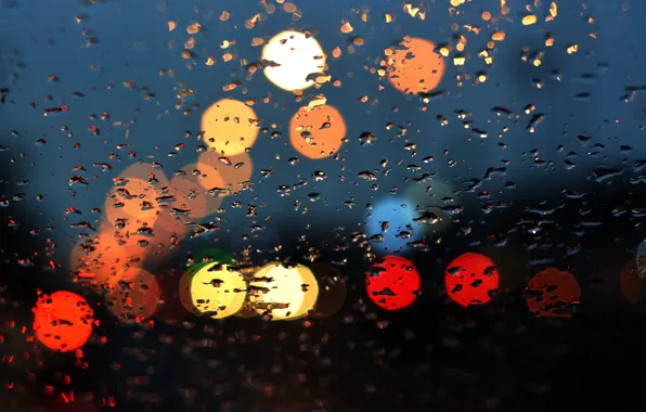 Картинка стекло, вода, капли, lights, огни, дождь, rain, night