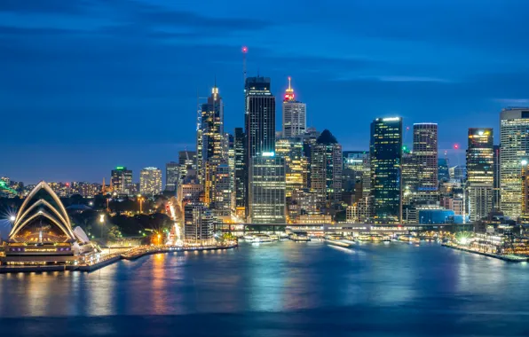 Картинка здания, дома, Австралия, панорама, залив, Сидней, ночной город, небоскрёбы
