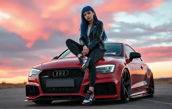 Audi, Girl, Clouds, Road, Blue Hair, AI Art, AI Generated