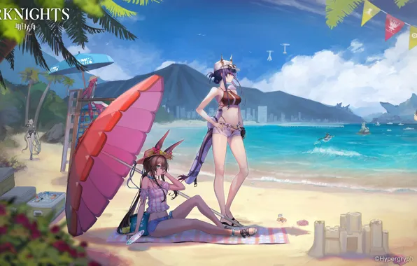 Пляж, лето, девушки, Arknights, Amiya, Ifrit, Ch'en