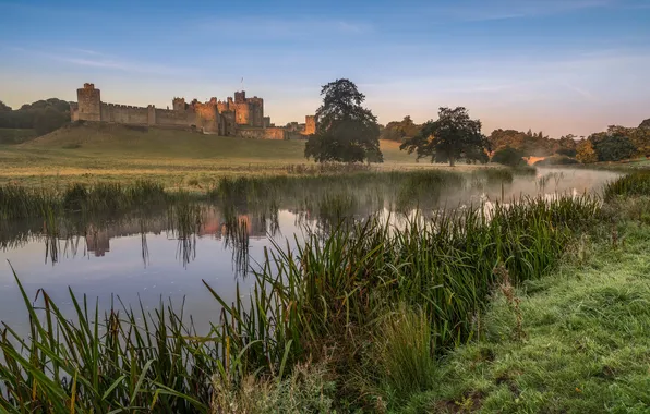 Картинка туман, река, Alnwick Castle