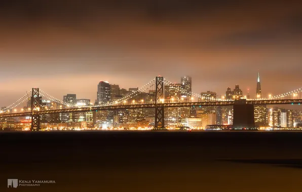 Ночь, мост, город, огни, Сан-Франциско, photographer, смог, Kenji Yamamura