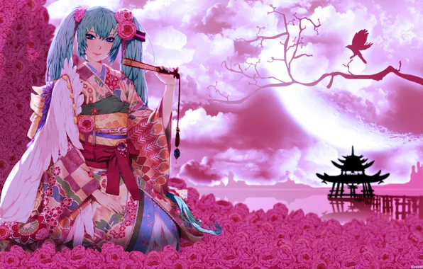 Картинка девушка, цветы, аниме, кимоно, vocaloid, вокалоид