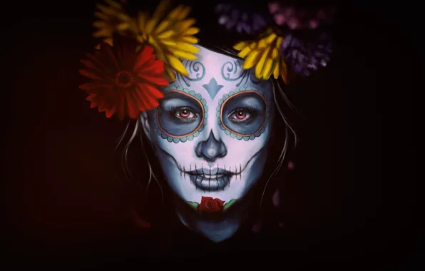 Цветы, Девушка, Стиль, Лицо, Фон, Calavera, Digital Art, Día de los Muertos