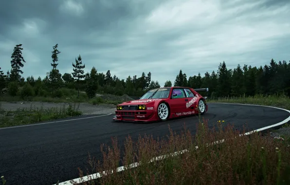 Небо, Лес, Трасса, Lancia, Delta, 1992, Пасмурное, Кустарники