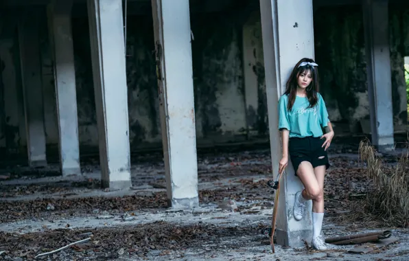 Картинка столбы, азиатка, скейт