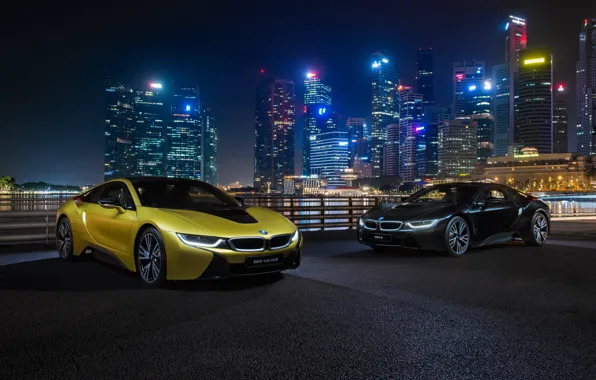Картинка ночной город, BMW i8, Frozen Yellow Edition