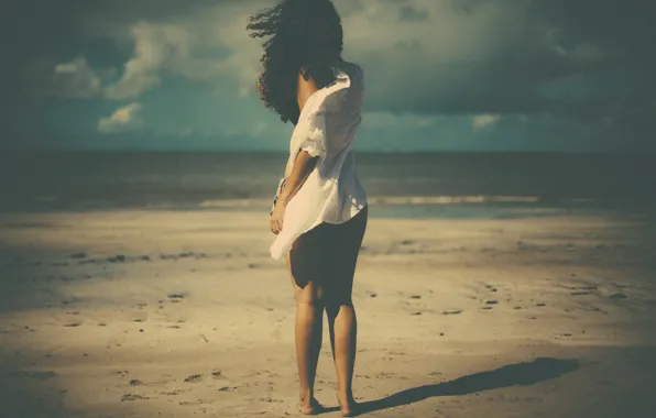 Girl, beach, wind, shadow